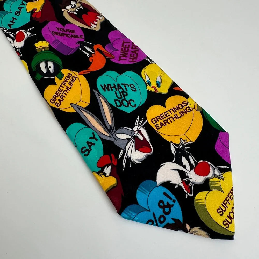 Looney Tunes Mania Necktie Black 1994 Vintage Silk Cartoon‎ Hearts Bugs Bunny
